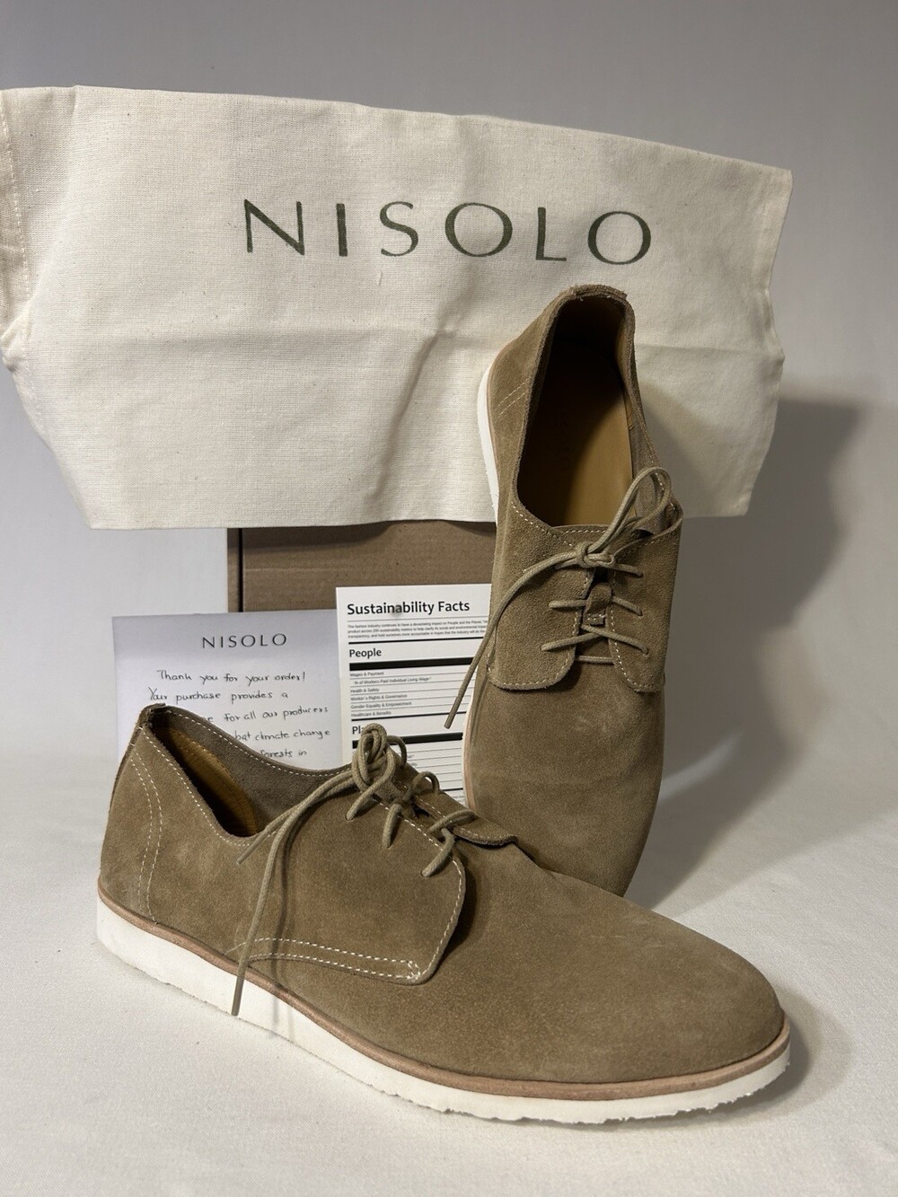 Nisolo Sedona Travel Derby Shoes Womens Size 8 Stone Suede Oxford Casual